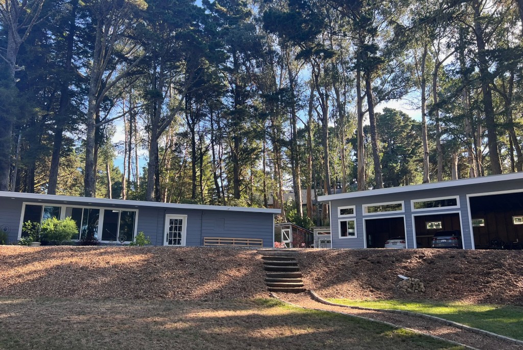 Garage, workshop and office structure among redwood trees